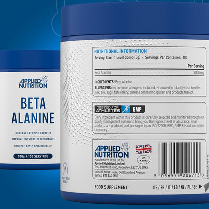 Beta-Alanine Amino Acid Pre Workout Powder 3000Mg per Serving Enhances Training Duration & Physical Performance Gluten Free, Suitable for Vegans (300G - 100 Servings) (Unflavoured)