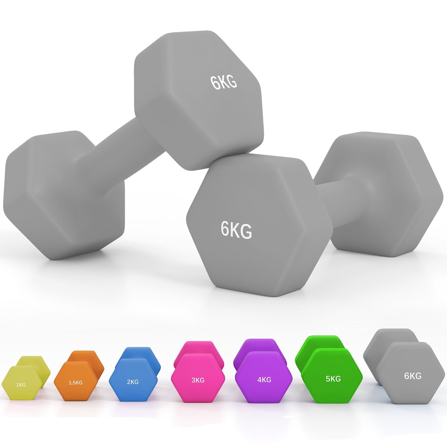 Set of 2 Dumbbells, Hexagonal Weights Pair, 2 X 6Kg, Grey