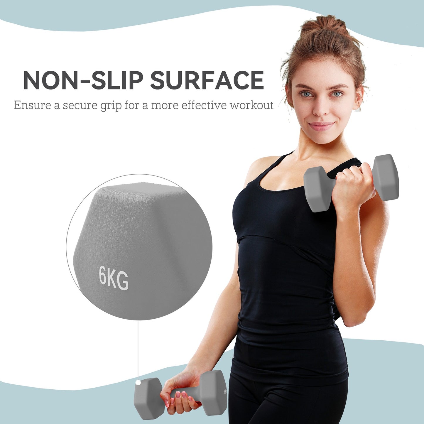 Set of 2 Dumbbells, Hexagonal Weights Pair, 2 X 6Kg, Grey